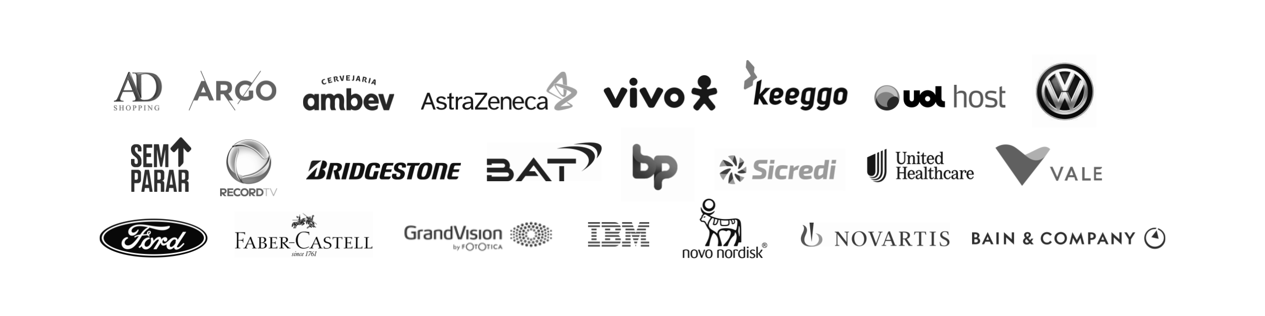 Logos de clientes da ETD: Vivo, IBM, Ford, Novartis, Bain & Company, Vale, AstraZeneca e outros
